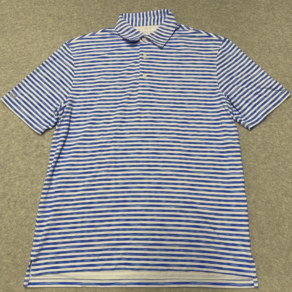 IBKUL Polo Shirt Mens L Blue White Striped Golf Performance Stretch Jersey Top